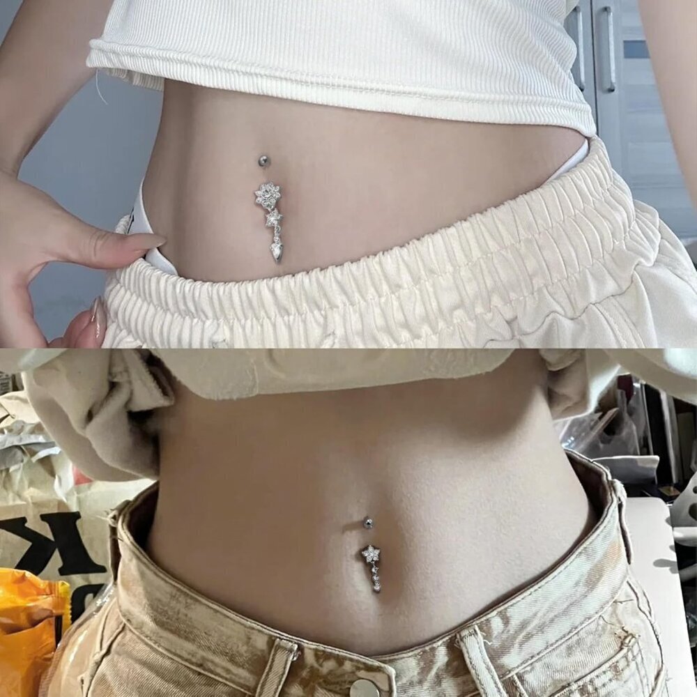 14G Belly Button Ring Jewelry Set 7 Pieces Dangle Cubic Zirconia Stainless Steel - Picture 5 of 6